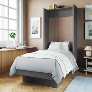 Easy-Lift Dark Grey Wood Frame Twin Murphy Bed with Shelf