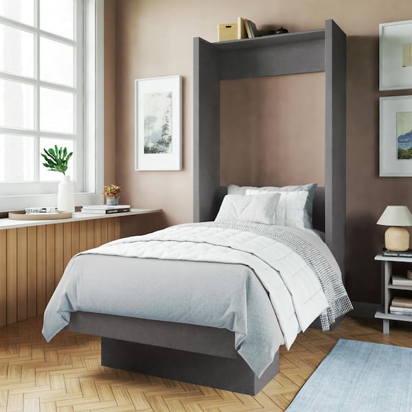 Oakland Living Easy-Lift Dark Grey Wood Frame Twin Murphy Bed with Shelf