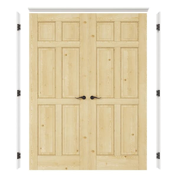 64 in. x 80 in. 6-Panel Universal Solid Core Unfinished Pine Wood Double Prehung Interior Door+ Quick Assemble Jamb