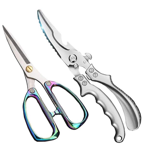 Silver and Rainbow Heavy-Duty Stainless-Steel Kitchen Shears, Multi-Purpose Kitchen Scissors, Poultry Shears (Set of 2)