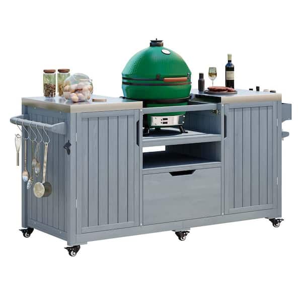 66.5 in. Grey Blue Outdoor Grill Cart Kitchen Island with Stainless Steel Top, Drawer, Large Big Green Egg