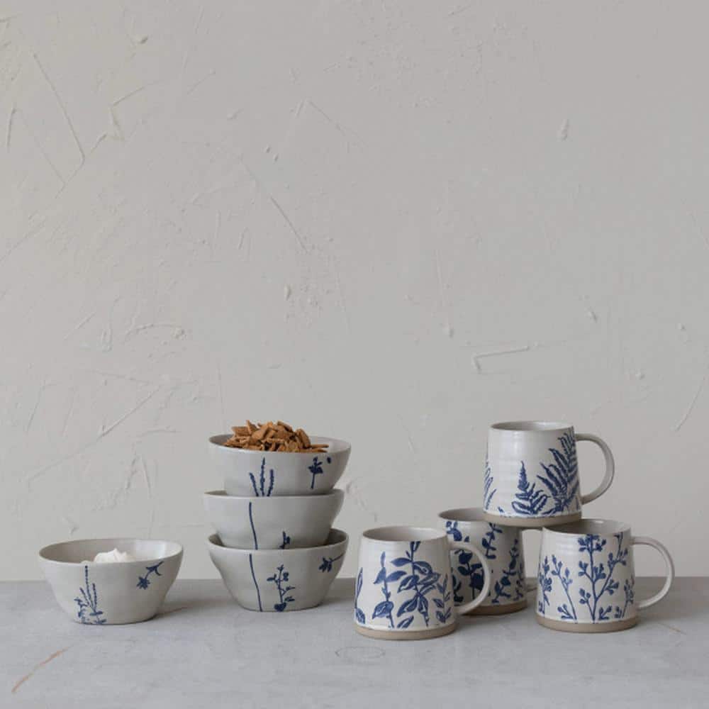 Hand Stamped Blue Botanical Ceramic Mugs Set of 4