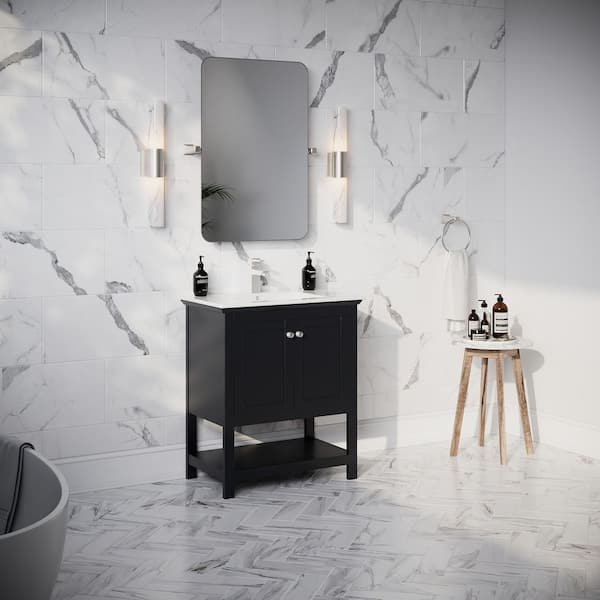 Manchester 30 in. Single Sink Shaker-Style Black Bath Vanity with White Quartz Top and Integrated Sink