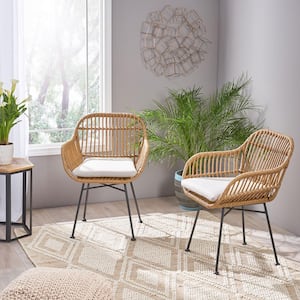Henning Light Brown Faux Rattan Side Chairs with Beige Cushions (Set of 2)