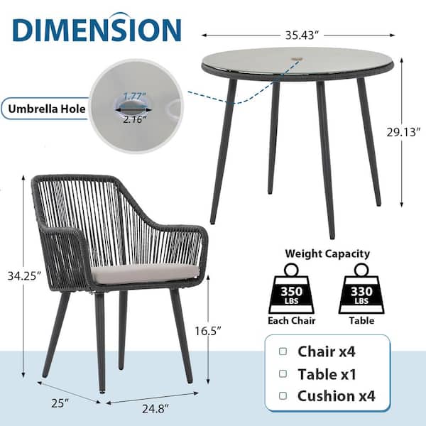 Freestyle 5-Piece Wicker Black Outdoor Dining Chair Set with Dining Table, Light Grey Cushions HD-WK08BK09BK