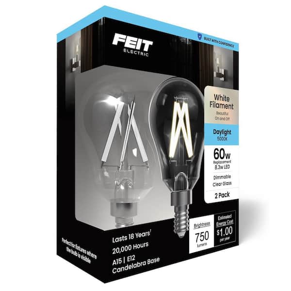 60W Equivalent A15 Dimmable White Filament CEC Clear E12 Candelabra Ceiling Fan LED Light Bulb, Daylight 5000K (2-Pack)