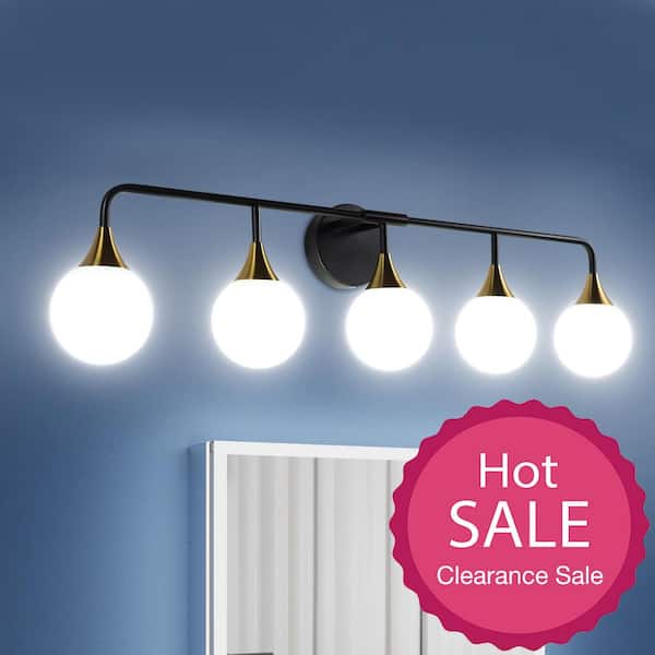 ExBrite Merrin 38.2 in. 5-Light Metal Black Bathroom LED Vanity Light with Acrylic Shades