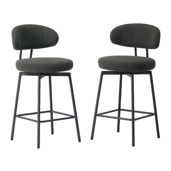 Bayville Modern 27 in. Faux Shearling Fabric Upholstered Metal Frame Swivel Kitchen Counter Stool(Set of 2)Charcoal Gray