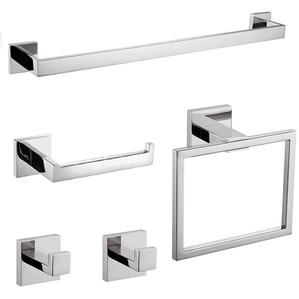 Interbath 5Piece Bath Hardware Set with Towel Bar Toilet Paper Holder Double Towel Hook in