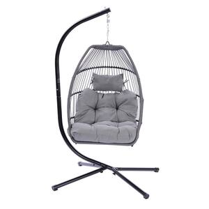 Black Wicker Outdoor Patio Folding Hanging Hammock Egg Chair with Gray Cushion and Pillow