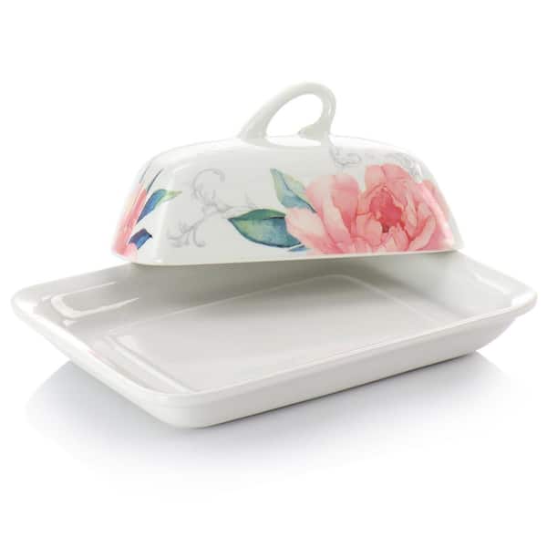 MARTHA STEWART 7 .5in. White Ceramic Floral Design Butter Dish with Lid  985116429M - The Home Depot