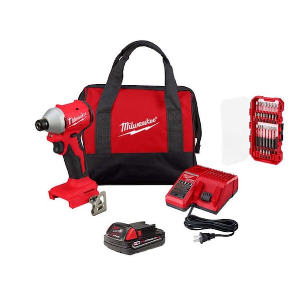 M18 18V Compact Brushless 1/4 in. Impact Driver Kit w/ 2. 0Ah Battery, Charger, Bag with SHOCKWAVE SHOCKWAVE 28-Pc Set