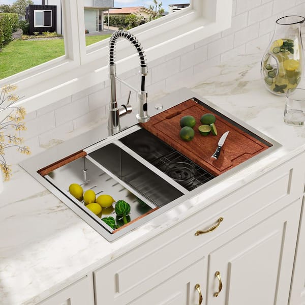 36 in. Drop-in Workstation Sink Double Bowl 50/50 16-Gauge Brushed Stainless Steel Kitchen Sink with Low Divide