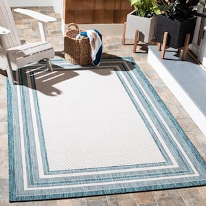 Courtyard Ivory/Teal 7 ft. x 7 ft. Solid Striped Indoor/Outdoor Patio  Square Area Rug
