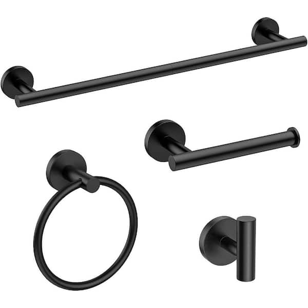 4-Piece Bathroom Hardware Set with Towel Bar, Toilet Paper Holder, Towel Ring, Robe Hook in Matte Black Finish