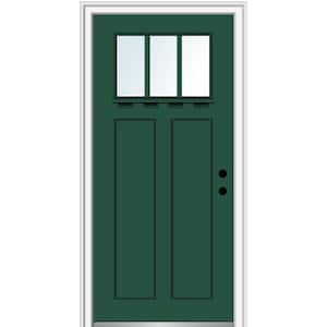 32 in. x 80 in. Left-Hand Inswing 3-Lite Clear 2-Panel Shaker Painted Fiberglass Smooth Prehung Front Door with Shelf
