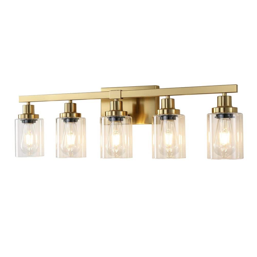 31.1 in. 5-Light Brushed Gold Bathroom Vanity Light with Clear Glass Shade price history on PriceWatchPro