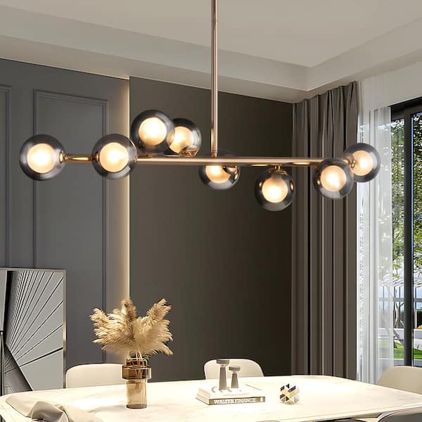 SILJOY 9-Light Black and Gold Linear Sputnik Globe Chandelier Kitchen Island Pendant Lighting for Dinning Room