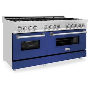 60 in. 9-Burner Double Oven Dual Fuel Range with Blue Matte Door in Stainless Steel