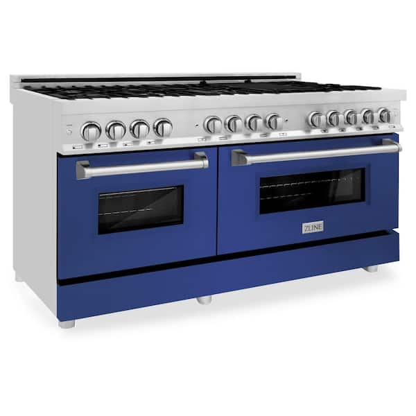ZLINE Kitchen and Bath 60 in. 9-Burner Double Oven Dual Fuel Range with Blue Matte Door in Stainless Steel
