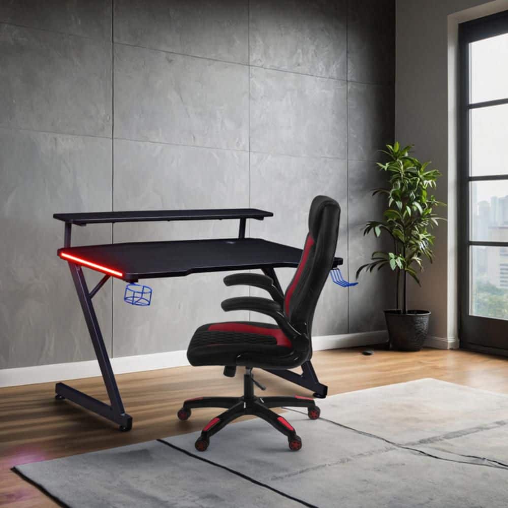 AON 48 in Carbon Fiber Black LED Gaming Computer Desk with Riser