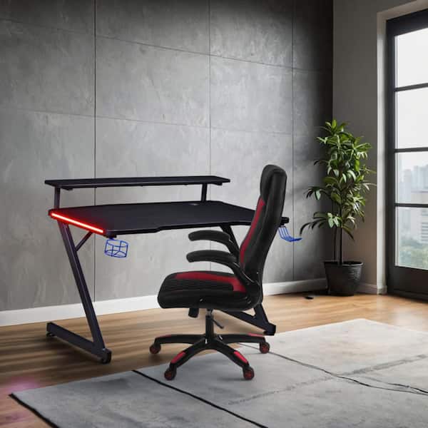 48 in Carbon Fiber Black LED Gaming Computer Desk with Riser Shelf, USB Charging Port, Cup Holder & Headphone Hook