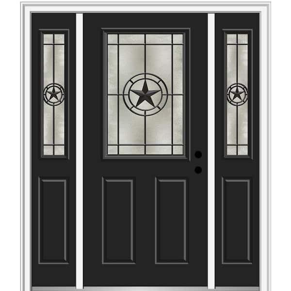 MMI Door Elegant Star 60 in. x 80 in. Left-Hand 1/2 Lite Decorative Glass Black Painted Fiberglass Prehung Front Door