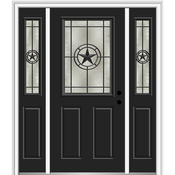 MMI Door Elegant Star 64 in. x 80 in. Left-Hand 1/2 Lite Decorative Glass Black Painted Fiberglass Prehung Front Door