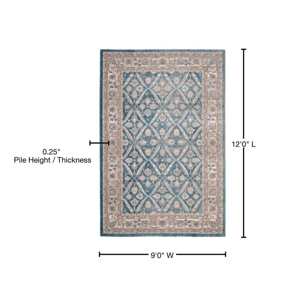 Navy and Beige Floral Border Synthetic Area Rug, 9' x 12'