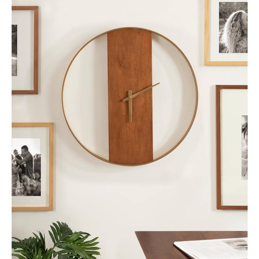 24" Walnut Brown and Gold Metal Round Wall Clock