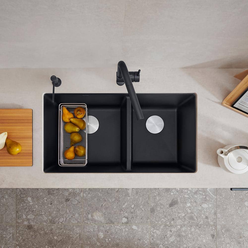 Coal Black 33" Granite Composite Double Bowl Undermount Kitchen Sink