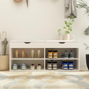 21.2 in. H x 47.2 in. W, White Wooden Shoe Storage Bench with Seating Cushion Open Shelf and Hiden Place (for 8 Pairs)