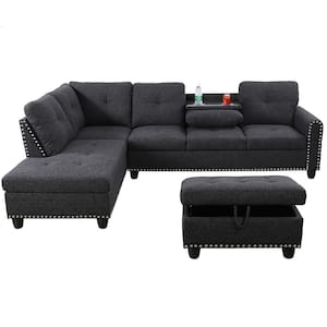 104 in. Square Arm 3-Piece Linen L-Shaped Sectional Sofa in Black Gray