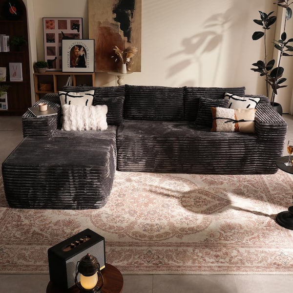 Allwex Verve 106 in. Square Arm 2-Piece Modern Plush Corduroy Fabric L-Shape Modular Sectional Sofa in Gray with Left Chaise