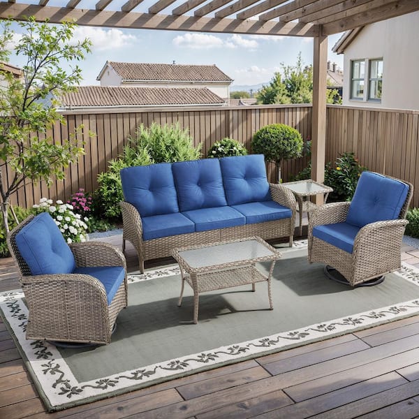 PlainCurve 5-Piece Gray Wicker Patio Conversation Set with Swivel Glider Chairs and Olefin Navy Blue Cushions