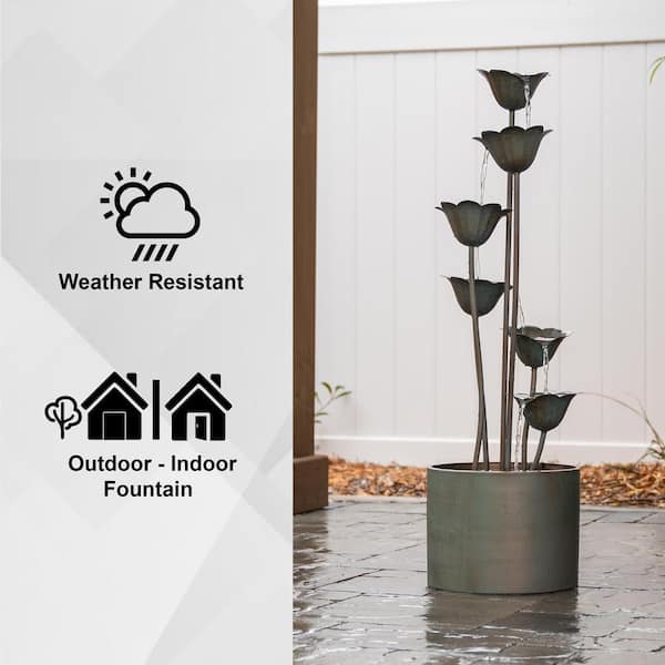 Metal Sculptural Multi-Tiered Flower Water Fountain, Silver, 35 in. Tall