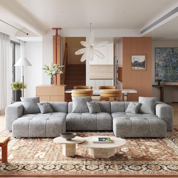 144.1 in. Square Arm Oversized Linen 5-Piece Modular Free Combination Sectional Sofa with Soft Cushion, Ottoman in. Gray
