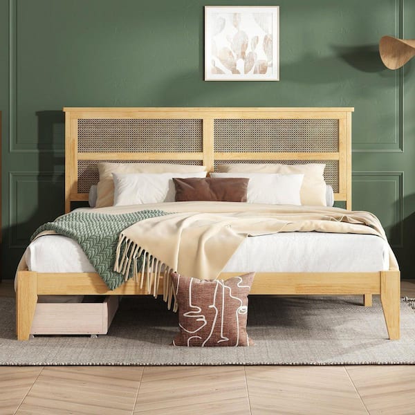 Natural Yellow Wood Frame King Size Platform Bed with Enhanced Support Salts and Feet