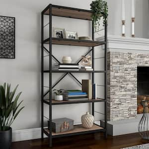 63 in. Brown Woodgrain and Black Wooden 5-Shelf Standard Open Bookcase Industrial Style Etagere Shelving