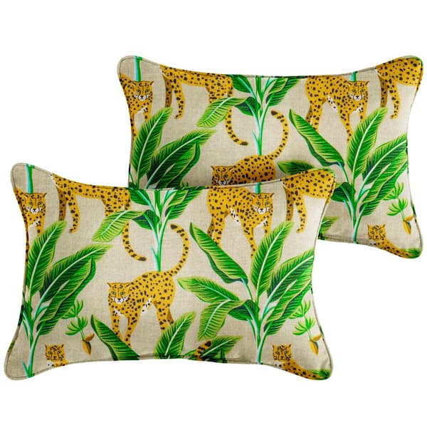 SORRA HOME Yellow/Green Rectangular Outdoor Corded Lumbar Pillows (2-Pack)