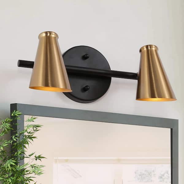 Zevni 14.5 in. Adjustable 2-Light Modern Brass-Plated Bathroom Vanity Light, Cone Metal Bath Lighting, Industrial Wall Sconce
