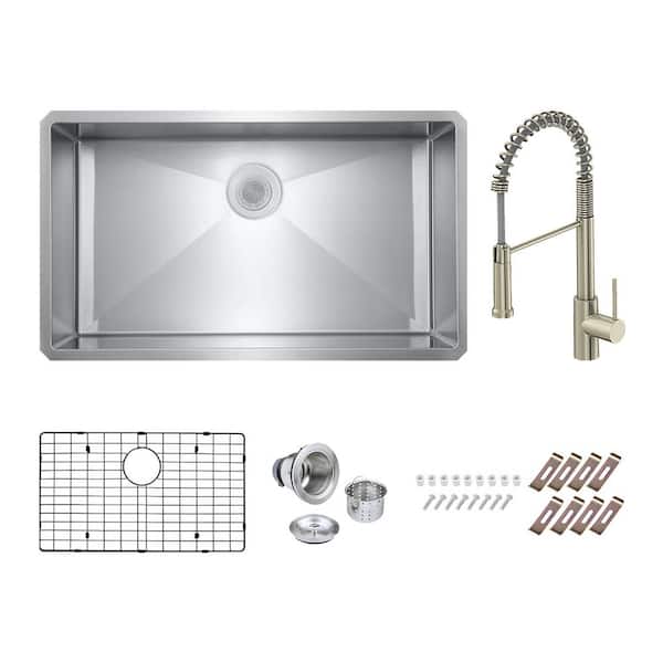 PELHAM & WHITE Bryn 16-Gauge Stainless Steel 30 in. Single Bowl Undermount Kitchen Sink with Classic Faucet, Bottom Grid, Drain