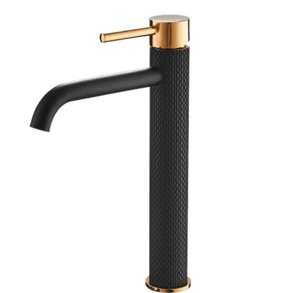 Lukvuzo Geometric Brass Single Handle Single Hole Deck-Mounted Bathroom Vanity Basin Faucet in Matte Black and Gold