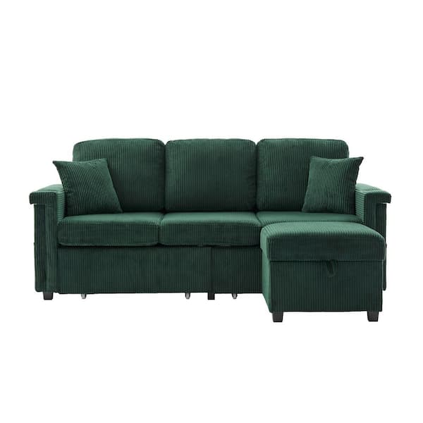 76 in. Corduroy 4-piece L-Shaped Charge and Light Sectional Sofa With Storage Ottoman and Pull Out Drawers in. Emerald