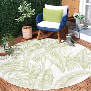 Courtyard Ivory/Green 7 ft. Round Distressed Tropical Indoor/Outdoor Area Rug