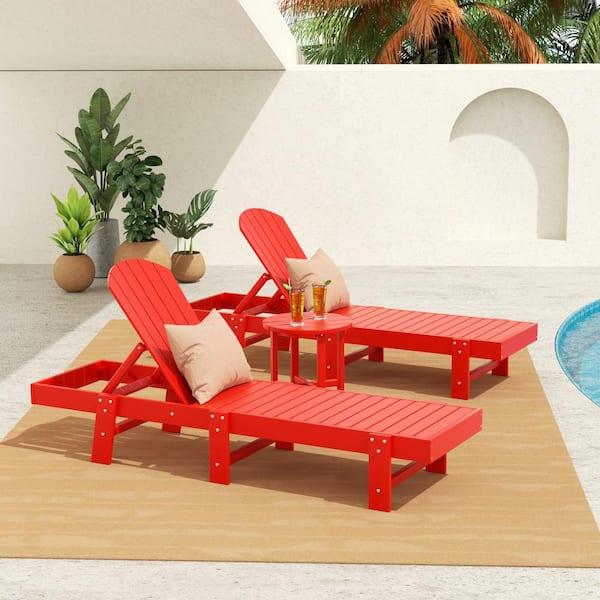 WESTIN OUTDOOR Altura 3-Piece Outdoor Patio Classic Adjustable Adirondack Backrest Chaise Lounge and 18 in. Round Side Table Set, Red