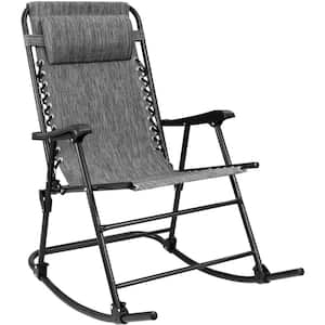 Black Metal Patio Outdoor Rocking Chair Zero Gravity Wide Recliner Chair, Gray