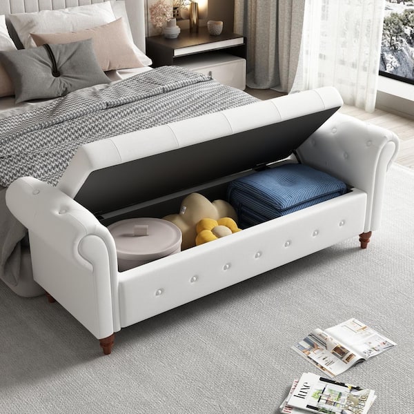 63 in. Cream White No-Tool Assembly Tufted End of Bed Bench with Storage, 500 lbs. Capacity