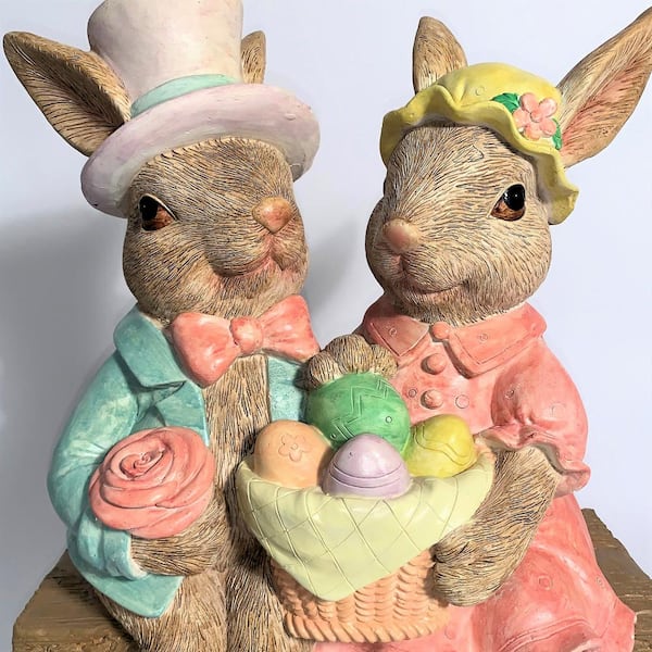 Zaer Ltd. Magnesium Rabbit Couple Garden Statue On Bench