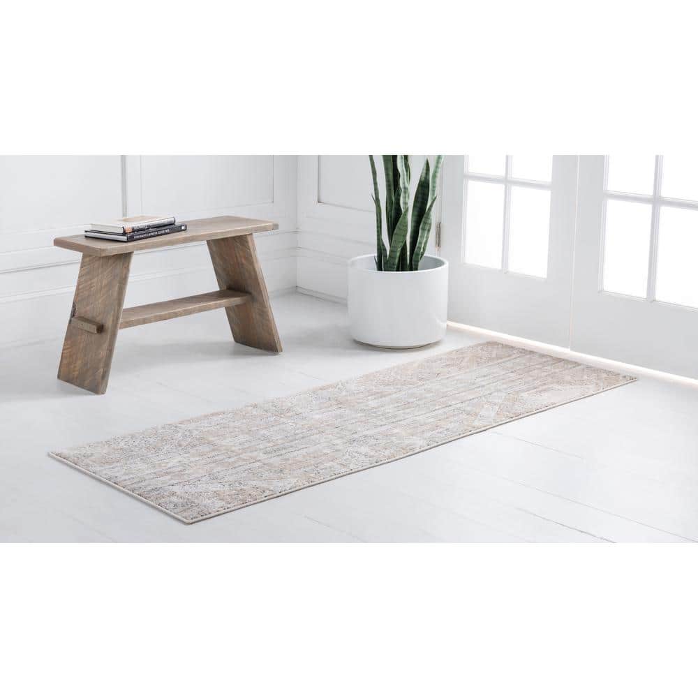 Ivory and Tan Geometric Indoor Runner Rug 2' 2" x 6' 1"